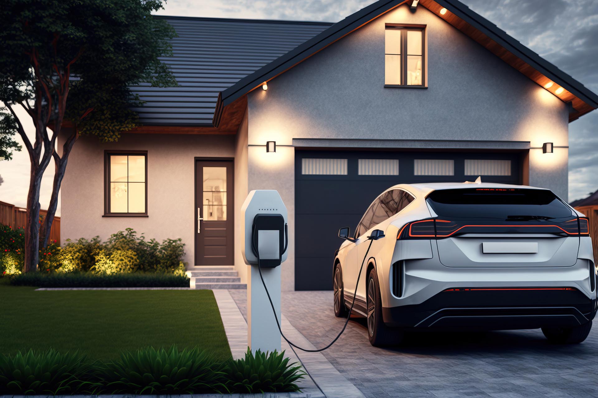 Modern electric car parked next to a house and charging from a charging station on sunset. AI Generative